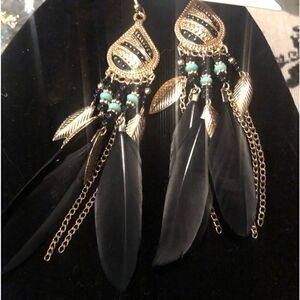Black gold and teal bohemian feather drop earrings w dangle rope fringe tassel